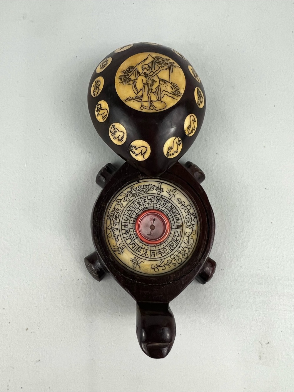 Vintage Chinese Feng Shui Turtle Compass Zodiac Wood Bone Inlay